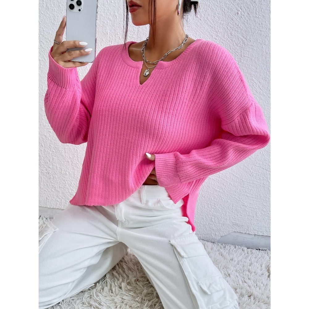 Hot pink barbie Notched Neck Drop Shoulder Split Hem Sweater - Picture 1 of 7